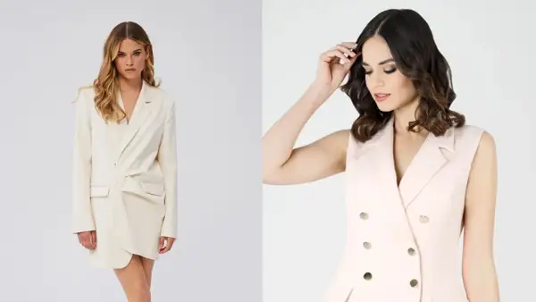 Eleganckie stylizacje do pracy: kremowa marynarka sukienka i różowa kamizelka.