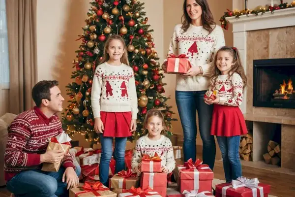 Rodzina w świątecznych stylizacjach rodzinnych pozuje przy choince z prezentami. Radosne dzieci i rodzice w swetrach z zimowymi wzorami.