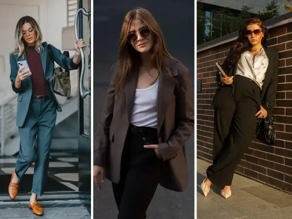 Eleganckie stylizacje do pracy: trzy kobiety w garniturach i modnych dodatkach.
