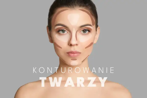 Modelka prezentuje konturowanie twarzy na sucho. Ciemniejsze i jaśniejsze plamy podkreślają rysy.
